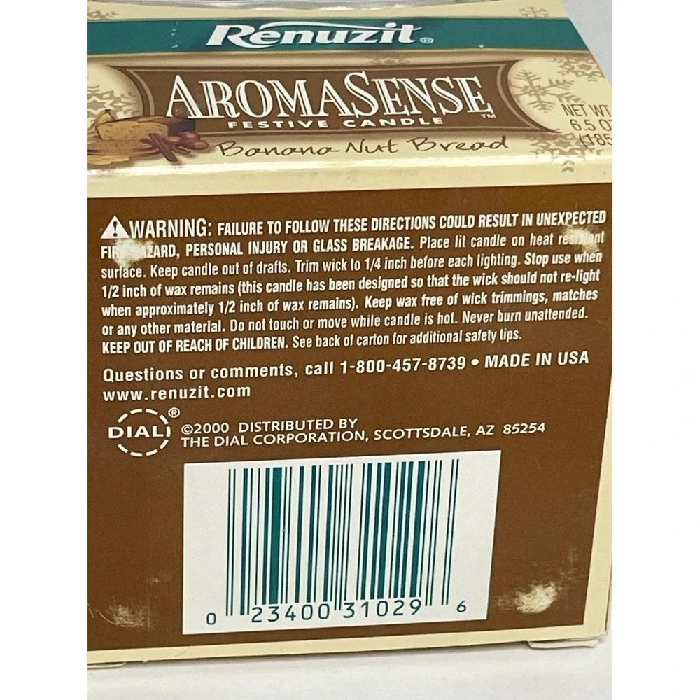 VTG Renuzit Aromasense  Banana Nut Bread Glass Candle, 6.5 Oz NOS 2000